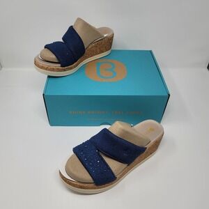 Bzees Riviera Machine Washable Wedge Sandals Cork Navy Blue Rhinestone Sz 7.5 W